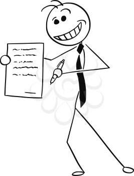 Cartoon vector illustration of sleazy smiling stick man businessman or salesman offering contract or agreement paper to signing.