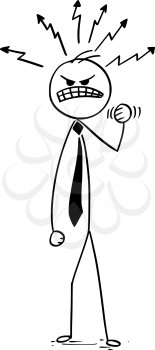 Cartoon vector illustration of angry stick man businessman, salesman, manager or boss with flash symbols around his head.