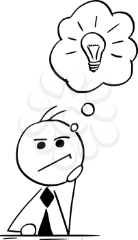 Cartoon illustration of stick man businessman manager or businessman or politician thinking hard with light bulb in speech bubble or balloon above his head.
