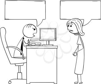 Cartoon illustration of stick man manager boss sitting in his office and talking to female employee.Two empty speech bubbles or balloons above their heads.