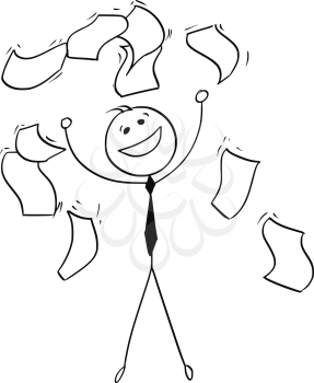 Cartoon stick man illustration of happiness happy businessman throwing documents in the air and papers falling around him.