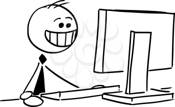 Cartoon stick man illustration of happy businessman smiling working on office desktop computer.