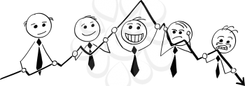 Cartoon stick man illustration of Group of businessmen businessman holding graph chart and showing emotions.