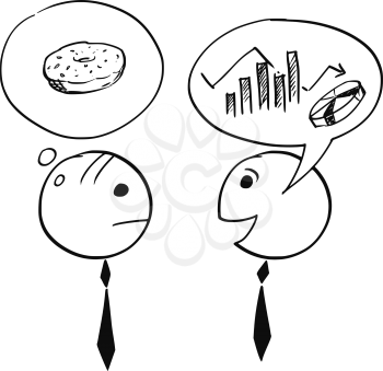 Cartoon stick man illustration of two businessman, one talking about chart and graph, second thinking about donut doughnut break.