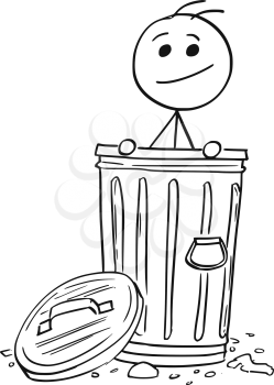 Cartoon stick man illustration of smiling man poking out of the dustbin garbage can.