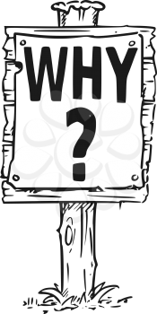 Vector drawing of wooden sign board with question mark and business text why.