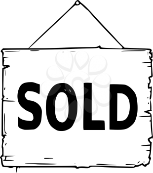 Vector drawing of rope hanging wooden sign board with business text sold.