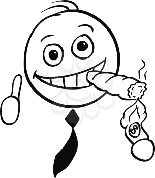 Cartoon stick man illustration of smiling business man businessman lightning big cigar with banknote.