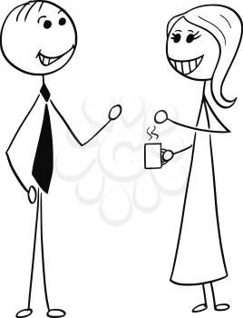 Cartoon stick man illustration of man and woman pair business people talking or chatting.