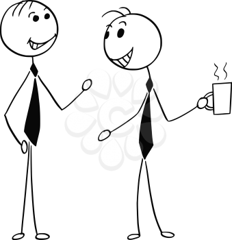 Cartoon stick man illustration of two men male business people talking or chatting.