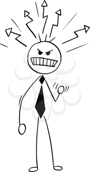 Cartoon stick man illustration of angry grumpy business man businessman boss with lightning bolts coming from his head. 