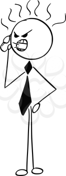 Cartoon stick man conceptual illustration of angry business man businessman yelling at mobile phone.