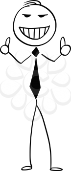 Cartoon stick man illustration of smiling business man businessman showing double thumb up.