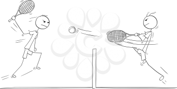 Cartoon stick man drawing illustration of two tennis players playing aggressively.