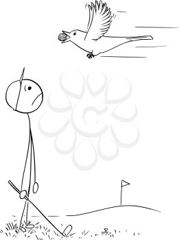 Cartoon stick man drawing illustration of one man male golf player looking sad at bird stealing carrying his ball.