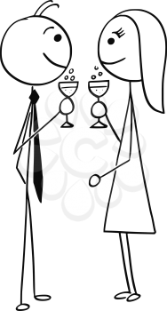 Cartoon stick man drawing illustration of man and woman drinking wine or champagne and smiling at each other.