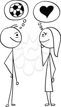 Cartoon stick man drawing illustration of difference between man and woman talking about football soccer ball sport and love heart symbol.