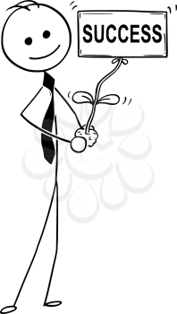 Cartoon stick man drawing conceptual illustration of businessman care about plant in his hand. Plant flower as success sign. Business concept of career, startup or investment.