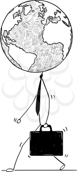 Cartoon stick man drawing conceptual illustration of walking businessman or politician with earth world globe as head. Business concept of fast global, international or worldwide business.