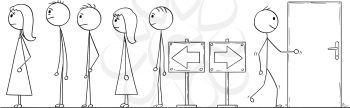 Cartoon stick man drawing conceptual illustration of man looking for another way instead of waiting in line or queue with crowd of people. Business concept problem solution and creativity.
