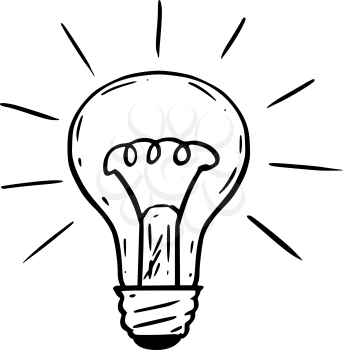 Cartoon drawing illustration of shining light bulb.