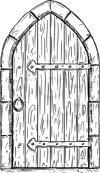Cartoon vector doodle drawing illustration of closed or locked medieval wooden door.