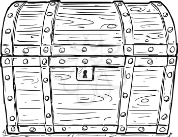 Cartoon vector doodle drawing illustration of old wooden closed and locked pirate treasure chest or trunk. Business concept of security,secret and treasure.