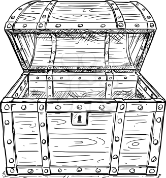 Cartoon vector doodle drawing illustration of old wooden empty open pirate treasure chest or trunk. Business concept of crisis and bankrupt.