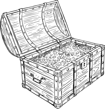Cartoon vector doodle drawing illustration of old wooden pirate treasure chest full of gold or silver coins inside. Business concept of success and wealth.