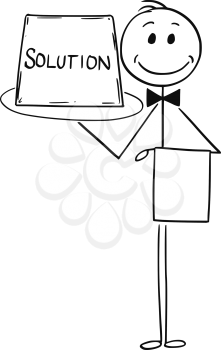 Cartoon stick man drawing conceptual illustration of waiter holding and offer tray with sign. Business concept of easy solution.