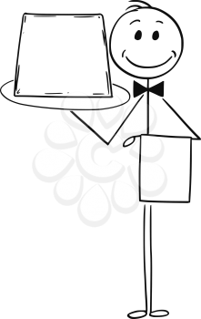 Cartoon stick man drawing conceptual illustration of waiter holding tray with empty or blank sign.