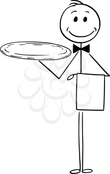 Cartoon stick man drawing conceptual illustration of waiter holding empty silver tray.