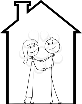 Cartoon stick man drawing conceptual illustration of young couple dreaming about new house and home. Concept of property and mortgage.