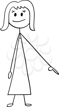 Cartoon stick man drawing conceptual illustration of businesswoman or woman pointing left and down or under her.