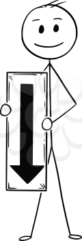 Cartoon stick man drawing conceptual illustration of businessman holding arrow sign pointing down.
