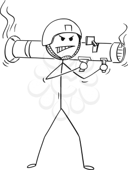 Cartoon stick man drawing conceptual illustration of soldier shooting from rocket launcher.