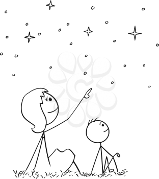 Cartoon stick man drawing conceptual illustration of mother or mom and son watching together night sky stars.