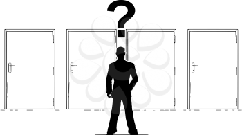 Cartoon stick man drawing conceptual illustration of businessman with question mark above his head is deciding or choosing right door. Business concept of career, choice and decision.