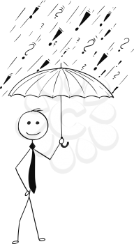 Cartoon stick man drawing conceptual illustration of business man holding umbrella protecting him from troubles and problems.Concept of protection.