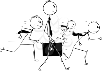 Cartoon stick man drawing conceptual illustration of businessman standing out of the crowd . Concept of business individuality.