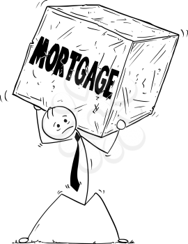 Cartoon stick man drawing conceptual illustration of businessman carrying big block of stone of rock. Concept of business stress from mortgage.