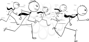Cartoon stick man drawing conceptual illustration of five businessmen or business people running competition race.