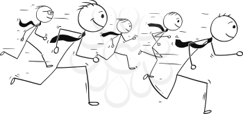 Cartoon stick man drawing conceptual illustration of five businessmen or business people teamwork or running competition race.