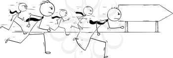 Cartoon stick man drawing conceptual illustration of five businessmen or business people running competition race and empty blank sign.
