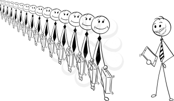 Cartoon stick man drawing conceptual illustration of crowd of identical businessmen or clerks clones produced in mass, and modern creative businessman. Business concept of individuality.