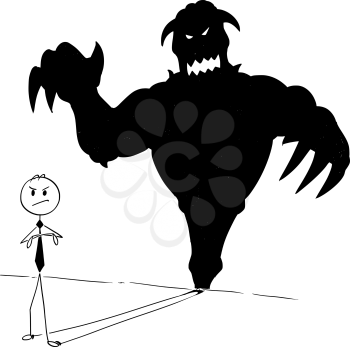 Cartoon stick man drawing conceptual illustration of businessman and his monster or demon inside shadow on the wall. Business concept of success and self confidence.