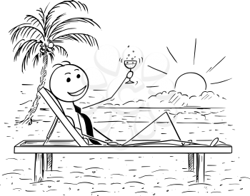 Cartoon stick man drawing conceptual illustration of successful businessman relaxing on the beach bed with glass of drink. Concept of business success.