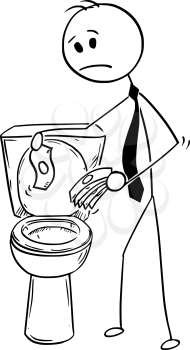 Cartoon stick man drawing conceptual illustration of businessman throwing money in to toilet. Business financial concept of bad investment or inflation.