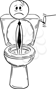 Cartoon stick man drawing conceptual illustration of businessman who lost his career flushed in to toilet. Concept of career break.