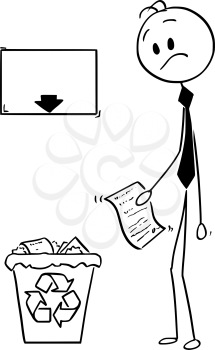 Cartoon stick man drawing conceptual illustration of businessman with paper document with great idea,suggestion or invention looking confused on recycle trash bin with arrow and empty sign. Business concept of motivation and creativity.